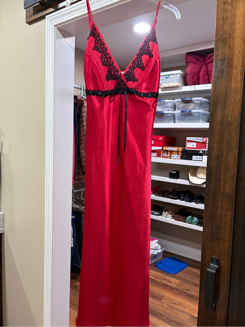delicates Red Satin Slip Dress with Black Lace Trim